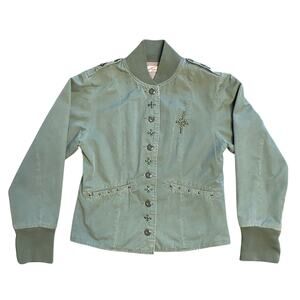 Fury Jeans Military Khaki Jacket Sz L Olive Green 100% Cotton Embroidered Bird